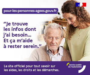 Bannière présentant un homme âgé et une aidante, avec le message « Je trouve les infos dont j’ai besoin… Et ça m’aide à rester serein. », l’adresse internet du site pour-les-personnes-agees.gouv.fr : le site officiel pour tout savoir sur les aides, les droits et les démarches. Le logo Service public de l’autonomie apparaît aussi sur cette bannière.
